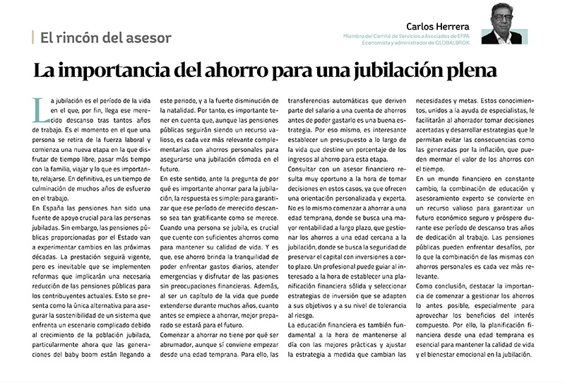 «La importancia del ahorro para una jubilación plena» colaboramos en el boletín de noviembre de Actualidad de las Empresas Aragonesas