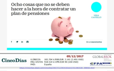 Diario Cinco Días: Consideraciones previas antes de contratar un plan de pensiones