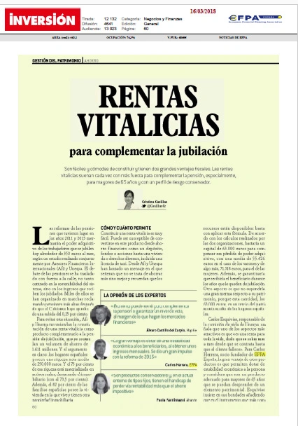 Rentas Vitalicias para complementar la jubilación (colaboración en el artículo de Inversión y Finanzas)